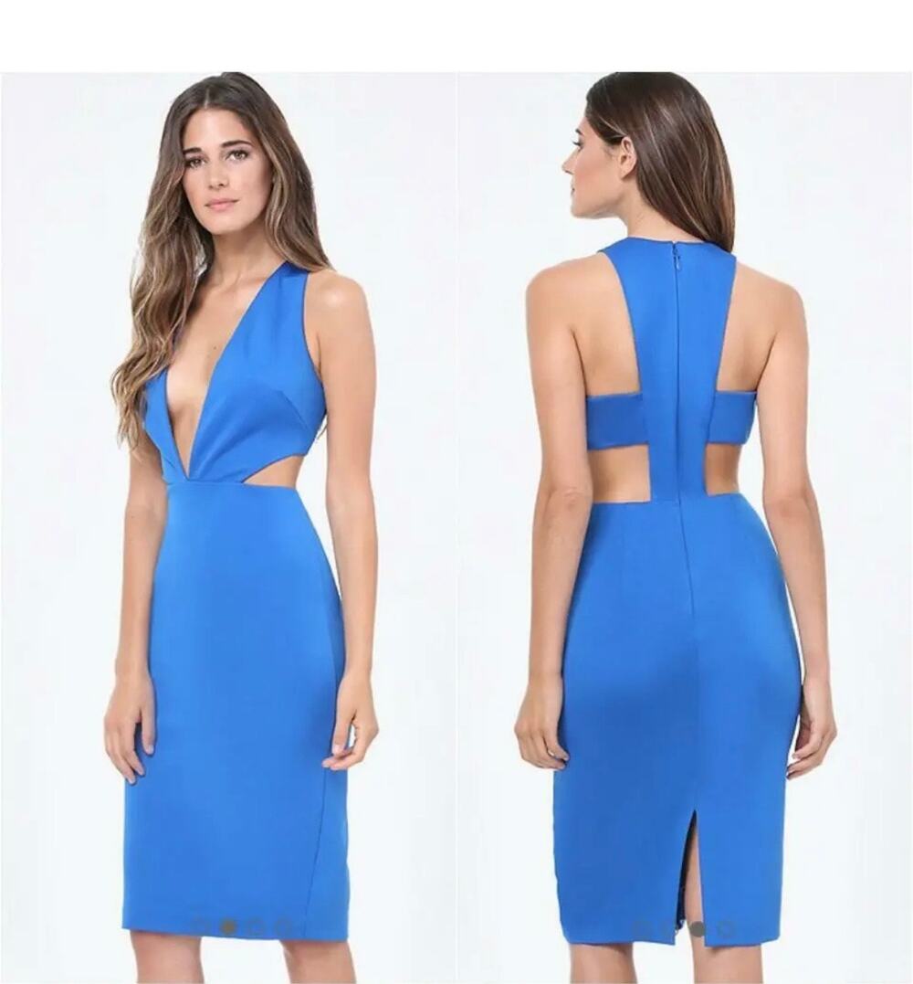 Bebe Fierce Deep V Plunge Side Cut Out Blue Ponte Dress Size S